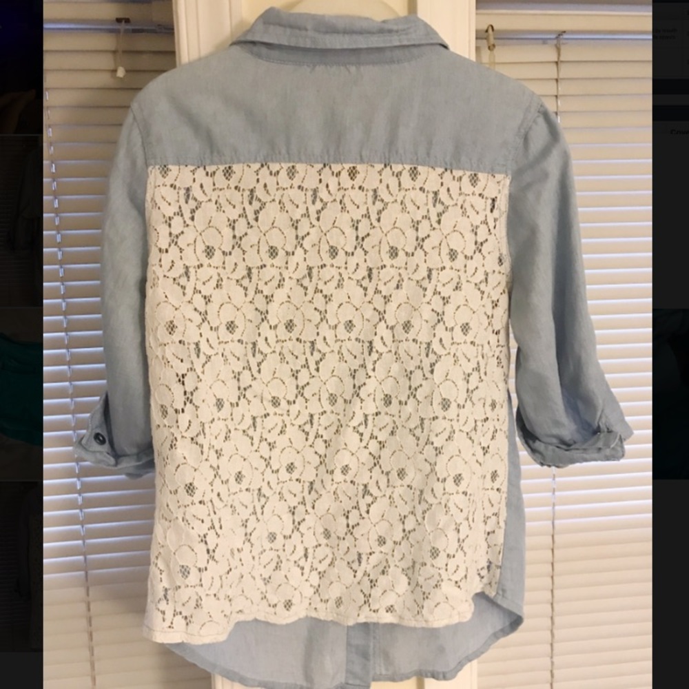 Button down Denim top with lace back.